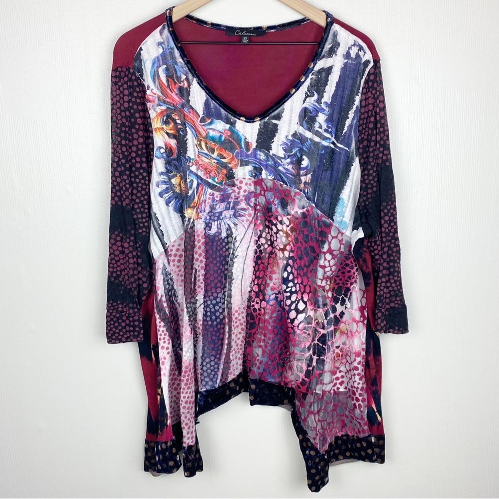 Calessa Shirt Womens Plus 2X Art To Wear Layered Tunic Multimedia Velvet Trim‎